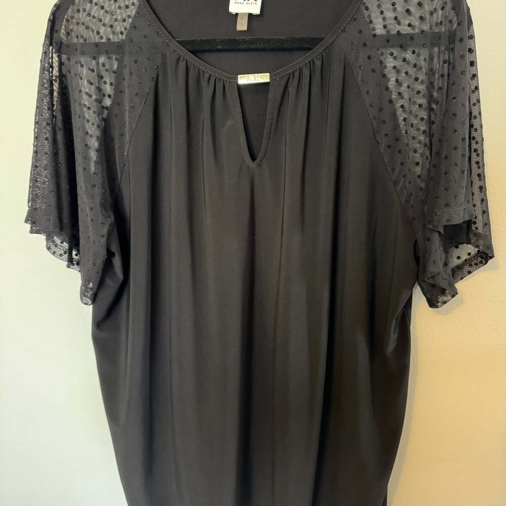 Anne Klein Solid Black Keyhole Neck Blouse Top Size XL Sheer Dotted Sleeves